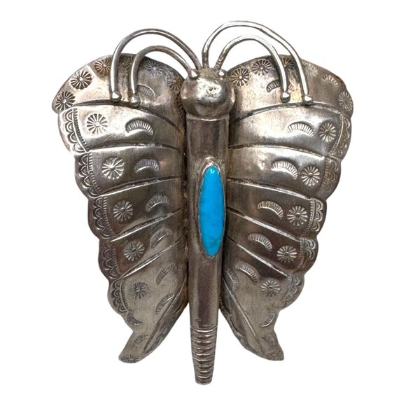Vintage Navajo Detail Sterling Silver Turquoise Butterfly Moth Insect Brooch Pin - Picture 2 of 5